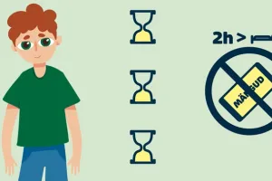 The picture shows a boy standing next to a row of hourglasses and the text 2h and a bed pictogram next to them. The black prohibition sign below the pictogram shows a smartphone with the text games.