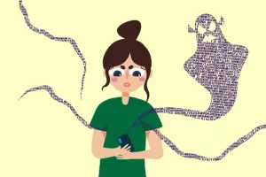 In the picture, a girl is standing with a figure with tentacles floating next to her.