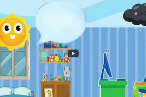 Cartoon children’s bedroom with a smiling sun and a sad rain cloud above, a child sitting at a computer, and a large speech bubble in the center.