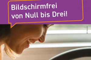 cover of the brochure “Screen-free from zero to three!” showing the profile of a woman smiling at someone