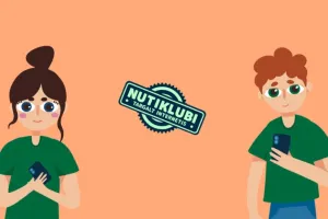 Two illustrated young boy and girl exchanging over the phone