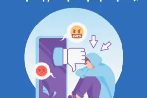 Blue poster showing a sad teenager sitting beside a smartphone with negative reaction icons and a thumbs-down symbol, plus an EU funding logo at the bottom.