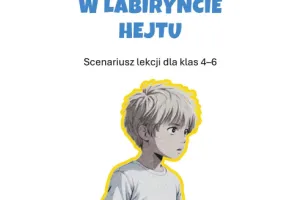 Cover page of an educational lesson plan for grades 4–6. The title reads “Conversation Leads the Way Out: In the Labyrinth of Hate.” Below the title is an illustration of a young child with short light hair, looking to the side with a thoughtful expression. The page has a comic-book-inspired design with yellow and black graphic elements in the corners and logos of partner organizations along the bottom.