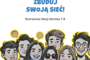 Cover page of an educational lesson plan for grades 7–8. The title reads “Stronger Than Hate: Build Your Network!” Below the title is an illustration of a diverse group of smiling teenagers standing together, with social media and communication icons floating above them, symbolizing positive online connections. The page features a comic-book-inspired design with yellow and black graphic elements in the corners and logos of partner organizations along the bottom.