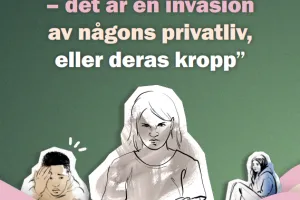 Image of drawing, child angry with crossed arms, other child expressing regret, another child expressing loneliness.