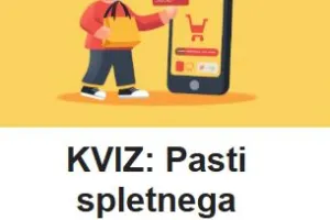 Illustration of a child holding a credit card next to a smartphone displaying a shopping app, with text promoting a quiz about online shopping risks for ages 9–12.