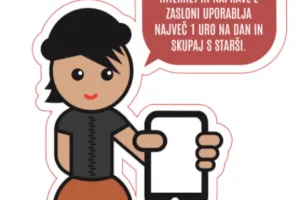 Cartoon-style figure holding a smartphone with a speech bubble in Slovenian explaining that screen devices should be used no more than one hour per day and together with parents.
