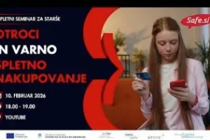 Promotional banner for a Safe.si webinar for parents, featuring a person using a smartphone and text about children and safe online shopping, including the date (10 February 2026), time (18:00–19:00), and platform (YouTube).