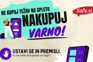 Illustrated poster promoting safe online shopping, featuring bold Slovenian text “Nakupuj varno!” with graphics of a smartphone, shopping icons, and a person holding bags, alongside the Safe.si logo and a reminder to stop and think before buying.