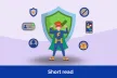 Young person dressed as superhero in front of a shield smiles, protected from different risks (like inappropriate content) symbolised by icons surrounding him
