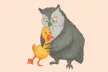 The illustration shows an owl hugging a duckling, symbolizing safety and care.