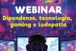 Webinar leaflet in a cartoon-style featuring a young player from behind, in front of a screen playing a video game and wearing headphones.