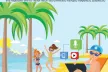 Magazine cover with children at the beach. Two kids take photos and another boy sits on a chair using a tablet. There are palm trees, the sea, and colorful icons above them.