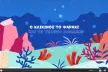 The image shows a colorful underwater scene with corals and rocks