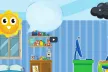 Cartoon children’s bedroom with a smiling sun and a sad rain cloud above, a child sitting at a computer, and a large speech bubble in the center.