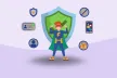 Young person dressed as superhero in front of a shield smiles, protected from different risks (like inappropriate content) symbolised by icons surrounding him