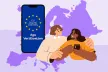 Phone screen showing the writing "EU Digital Identity - Age Verification" with two young people using a phone closeby