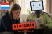 AI ≠ Human campaign poster featuring a sad young girl and Rene the mascot comforting her