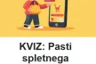 Illustration of a child holding a credit card next to a smartphone displaying a shopping app, with text promoting a quiz about online shopping risks for ages 9–12.