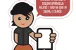 Cartoon-style figure holding a smartphone with a speech bubble in Slovenian explaining that screen devices should be used no more than one hour per day and together with parents.