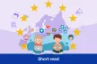 The EU flag on the background with two children using laptops