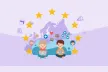 The EU flag on the background with two children using laptops