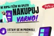 Illustrated poster promoting safe online shopping, featuring bold Slovenian text “Nakupuj varno!” with graphics of a smartphone, shopping icons, and a person holding bags, alongside the Safe.si logo and a reminder to stop and think before buying.