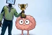 robot and a brain holding a trophy