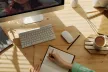 Desk with a keyboard and notebook