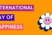 Visual with the writing "International Day of Happiness" in purple letters on a orange background