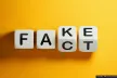 Four dices, each with a letter of the alphabet on it, spelling f-a-k-e and f-a-c-t. The first two dices are the same, the last two are in-between the letters k-c, e-t.