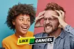 Official graphic design of the Dutch Media Literacy Week featuring a cheerful young woman and a distressed young man on the opposite sides, and the text "Like and cancel"
