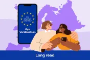 Phone screen showing the writing "EU Digital Identity - Age Verification" with two young people using a phone closeby