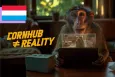 Poster of the campaign "Cornhub is different from reality" featuring a monkey watching porn content