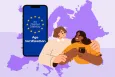Phone screen showing the writing "EU Digital Identity - Age Verification" with two young people using a phone closeby