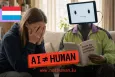 AI ≠ Human campaign poster featuring a sad young girl and Rene the mascot comforting her