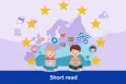 The EU flag on the background with two children using laptops