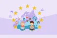The EU flag on the background with two children using laptops