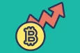 A coin with the Bitcoin symbol on it, and a red arrow suggesting growth, increase